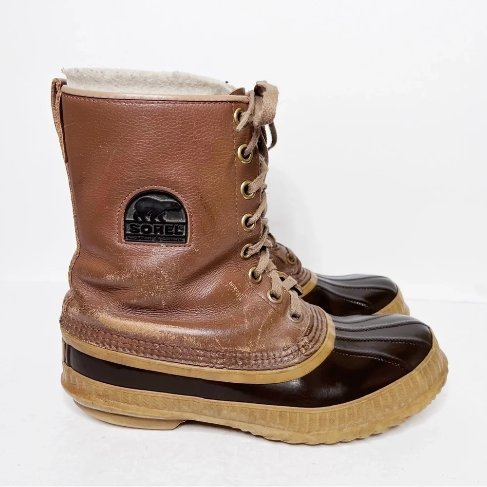 Vintage Sorel Tan Leather Insulated Waterproof Snow Winter Boots Size 8 Men’s